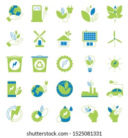 Flat ecology icons set. Icons for renewable energy, green technology, ecology care. Vector illustration isolated on white background.