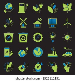 Flat ecology icons set. Icons for renewable energy, green technology, ecology care. Vector illustration isolated on black background.