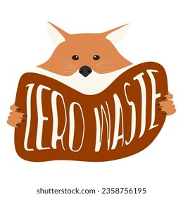 Ilustración de ecología plana con residuos Lettering Zero. Fox maneja un plato con la inscripción. Lenguaje vectorial de concepto verde. Diseño artístico para la campaña eco, afiche de sorti de basura, pancarta, volante, insignia.