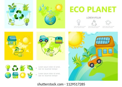 Flat ecology infographic template with recycle sign bulb sun earth eco house car leaf electric plug water drops flower in pot vector illustration