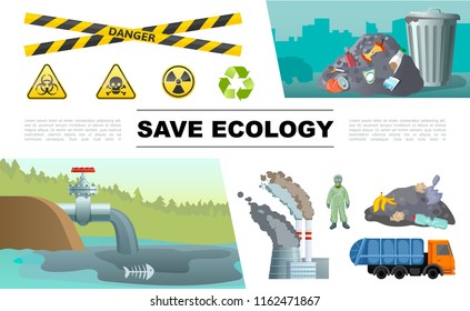Concepto de infografía de contaminación de ecología plana con aceite en estanque hombre de desechos en traje de protección fábrica camión de basura peligro tóxico señales de reciclaje radiactivo Ilustración vectorial