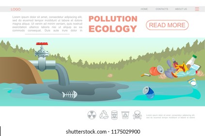 Flat ecology pollution webpage concept with navigation menu garbage and water contamination from industrial pipe vector illustration