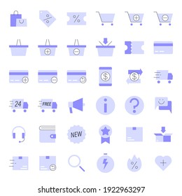 Juego de iconos de comercio electrónico plano. Contiene íconos como bolsas de compras, carrito de compras, entregas y más