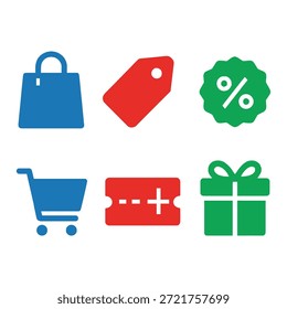 Conjunto de iconos de comercio electrónico y compras al por menor con etiqueta de descuento, Cupón, signo porcentual y caja de regalo