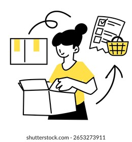 Ilustração plana de ícone de comércio eletrônico e compras. Pagamento Móvel, Compra Online, Entrega e Promoção de Venda em Acento Amarelo