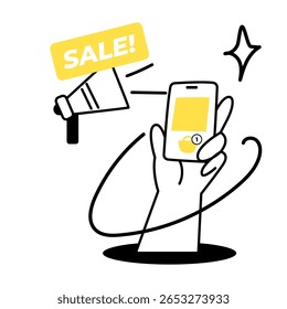 Ilustração plana de ícone de comércio eletrônico e compras. Pagamento Móvel, Compra Online, Entrega e Promoção de Venda em Acento Amarelo