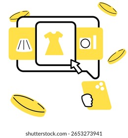 Ilustração plana de ícone de comércio eletrônico e compras. Pagamento Móvel, Compra Online, Entrega e Promoção de Venda em Acento Amarelo
