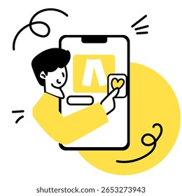 Ilustración plana de comercio electrónico e icono de compras. Pago móvil, compra en línea, entrega y promoción de venta con acento amarillo