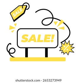 Ilustração plana de ícone de comércio eletrônico e compras. Pagamento Móvel, Compra Online, Entrega e Promoção de Venda em Acento Amarelo