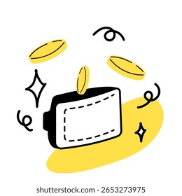 Ilustración plana de comercio electrónico e icono de compras. Pago móvil, compra en línea, entrega y promoción de venta con acento amarillo
