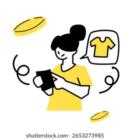 Ilustração plana de ícone de comércio eletrônico e compras. Pagamento Móvel, Compra Online, Entrega e Promoção de Venda em Acento Amarelo