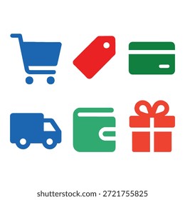Conjunto de Ícones de Compras e Comércio Eletrônico Simples com Caminhão de Entrega, Carteira e Cartão de Crédito