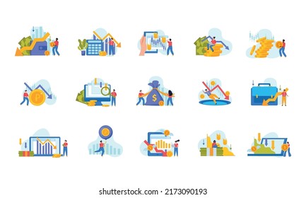 Flat economy crisis icons set with falling financial charts tiny people and money symbols isolated on white background vector illustration