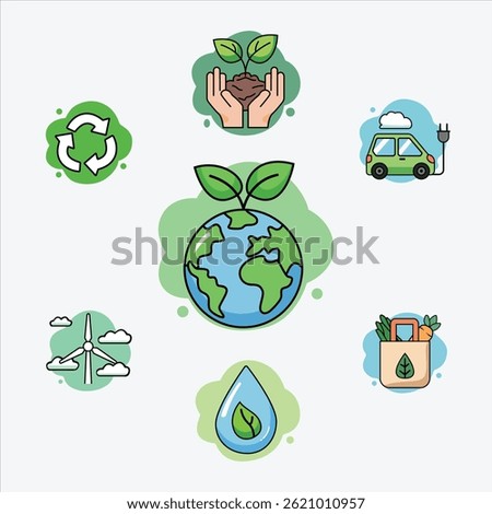 Flat eco-themed vector sticker set featuring Earth, green energy, recycling, electric car, reusable bag, and sustainability icons with modern blob-style backgrounds.