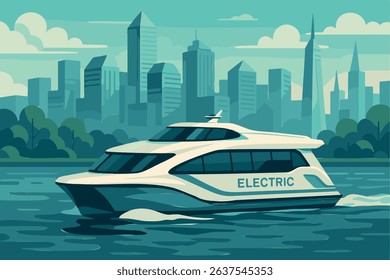 Flat eco-transport scene showing an electric ferry and modern skyline