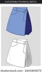 Flat Editable Technical Sketch of a Denim Wrap Skirt