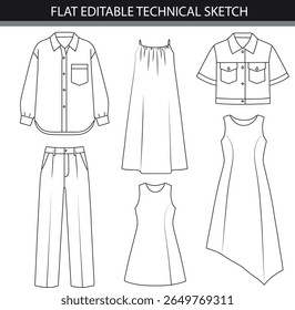 Flat Editable Technical Sketch of Various Clothing Items