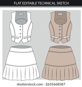 Flat Editable Technical Sketch of a Vest and Skirt Outfit