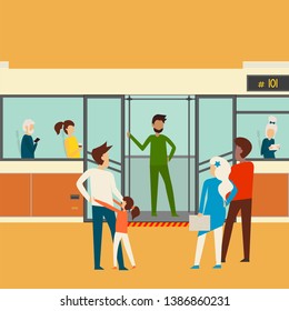 Flat editable vector illustration, clip art of people man and woman expect, go in and out public transport. Travelling millennials.