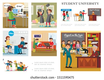 Flat education colorful composition with students learning studying relaxing getting job taking exam and celebrating graduation from university vector illustration