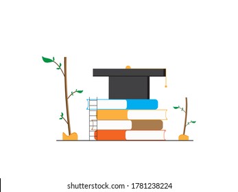 Flat education concept book and graduate hat on white background