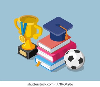 Flat education concept with books cup winner and soccer ball. Vector