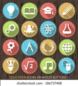 Flat Education Contemporary Icons on Wood Vintage Circular Buttons on Black Background 1.