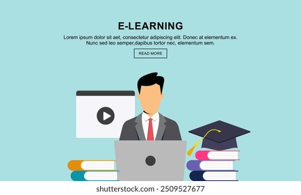 Educación plana, tutor a distancia, educación móvil, concepto de e-learning. Plantilla de Anuncios de icono de Vector