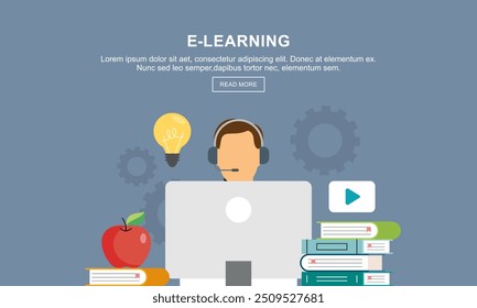 Flat education, distance tutor, mobile education, e-learning concept. Vector icon banners template