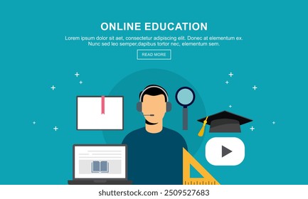 Educación plana, tutor a distancia, educación móvil, concepto de e-learning. Plantilla de Anuncios de icono de Vector