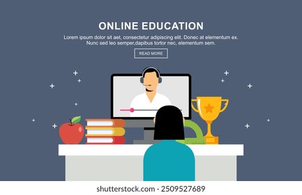 Flat education, distance tutor, mobile education, e-learning concept. Vector icon banners template