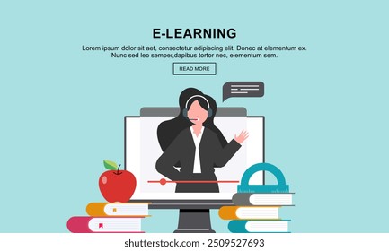 Educación plana, tutor a distancia, educación móvil, concepto de e-learning. Plantilla de Anuncios de icono de Vector