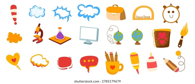 flat education equipment and cute speech bubble bundle set