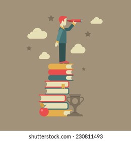 Flat education future vision concept. Man looking through spyglass stands on book heap, apple, clouds, stars, cup winner. Conceptual web illustration for power of knowledge, meaning of being educated.