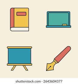 Conjunto de iconos de Educación plana con libro, pizarra, pluma y Tablero de presentación