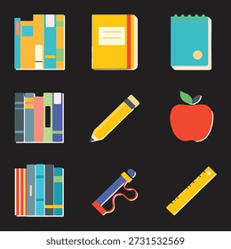 Flat education icon set with books, notebooks, pencil, apple, ruler, and school supplies. Perfect for learning apps, school websites, educational graphics, and study materials.