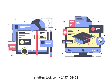 Flat education icon set with modern book, digital service. Concept collection modern symbols for future knowledge technology, internet, ad, web. Pixel perfect. Vector illustration.