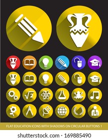 Flat Education Icons with Shadows on Circular Buttons 1. 