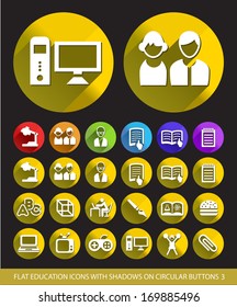 Flat Education Icons with Shadows on Circular Buttons 3. 
