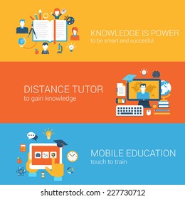 Flat education, knowledge is power, distance tutor, mobile education, e-learning concept. Vector icon banners template set. Book, teacher, tablet etc. Web illustration. Website infographics elements.