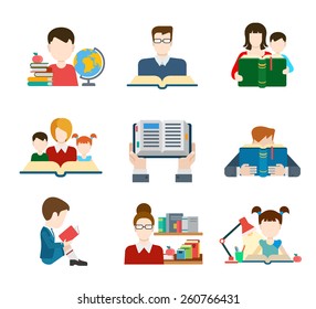 Flat Education Student Pupil Kid Parent Teacher People Profile User Interface Icon Set Modern Web Isometric Infographic Concept Vector. Learning Study Reading Teach Classes. Creative People Collection