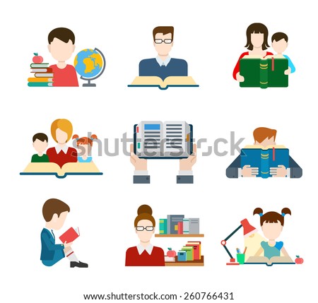 Flat education student pupil kid parent teacher people profile user interface icon set modern web isometric infographic concept vector. Learning study reading teach classes. Creative people collection