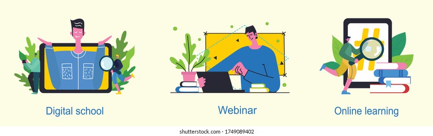 Flat education, training, online tutorial, e-learning concept. Vector icon banners template set. Web illustration. Teacher by the blackboard, book heap, laptop document. Website infographics elements.
