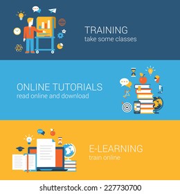 Flat Education, Training, Online Tutorial, E-learning Concept. Vector Icon Banners Template Set. Web Illustration. Teacher By The Blackboard, Book Heap, Laptop Document. Website Infographics Elements.