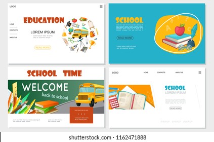 Flat education websites set with bus apple books graduation cap telescope microscope calculator trophy easel and school items vector illustration