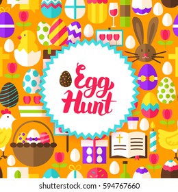Flat Egg Hunt Postcard. Vector Illustration Spring Holiday Poster. Happy Easter.