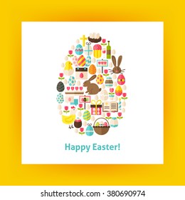 Flat Egg Shaped Vector Set of Happy Easter Objects. Collection of Spring Religious Holidays Items Isolated over white. Design Elements over Paper Template.