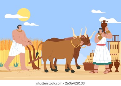 Flat Egyptian farmers with two oxen Background