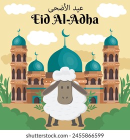 flat eid al adha illustration with sheep on mosque background