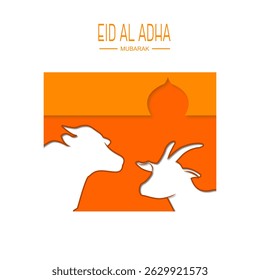 Flat Eid Al Adha Mubarak with cow and goat silhouette with mosque background for social media post design, banner and poster
